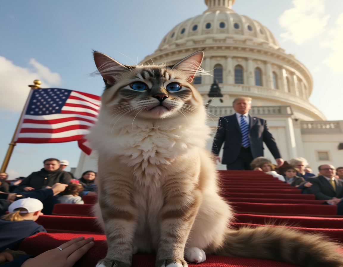 Cat on the Capitol steps during a historic inauguration, surrounded by flags and cheering crowds.